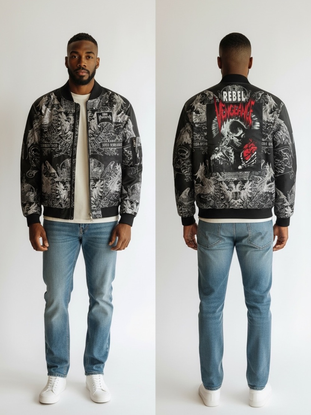 Rebel Vengeance Black and Silver Graphic Bomber Jacket
Size L